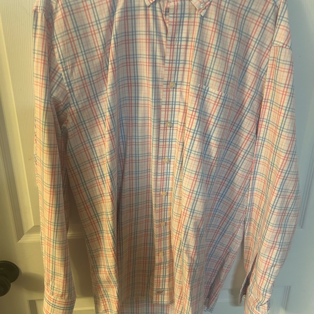 Vineyard Vines Men's Red and Blue Plaid Shirt